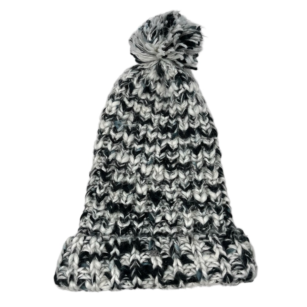 American Eagle Hat Crochet Pom Pom Stretch Black White One Size Soft Mohair Logo